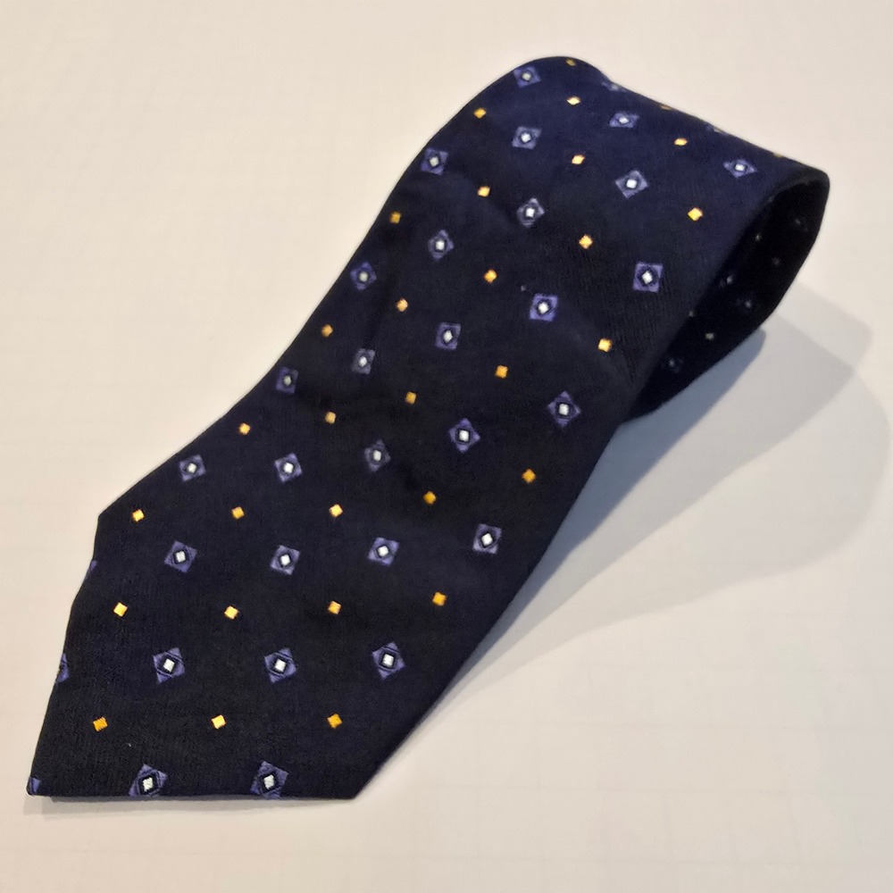 Lauren Ralph Lauren Mens Silk Tie Navy Blue Geometric Diamond Hand Finished USA